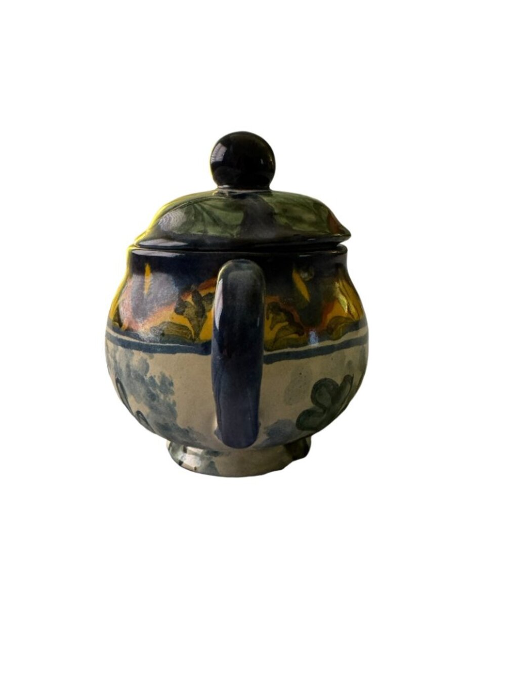 Talavera Sugar Bowl Lilies Fish Blue White Brown Yellow Red Clay w/ Lid - Picture 4 of 8